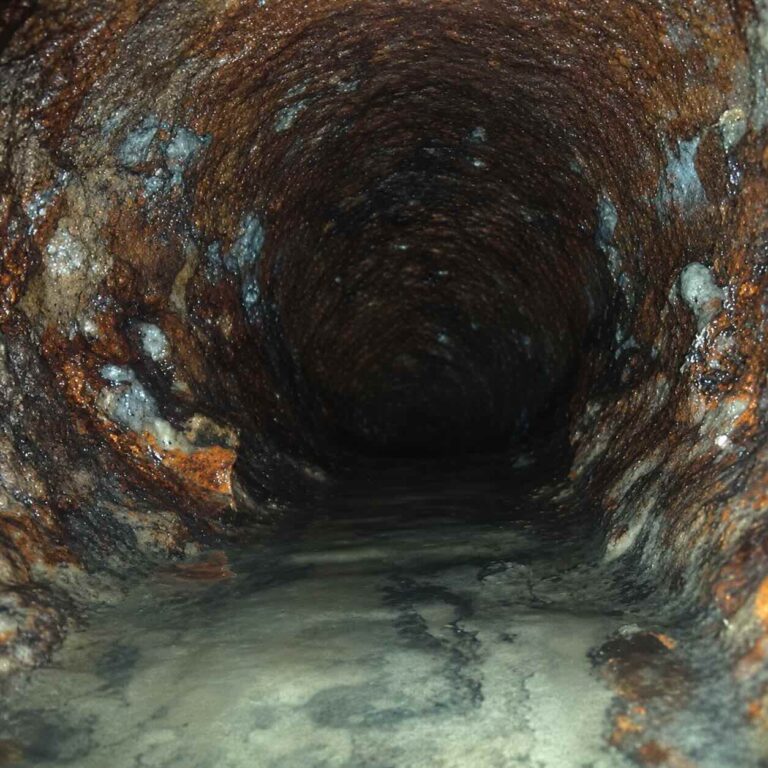 Corroded cast iron sewer pipe interior seen during a camera inspection